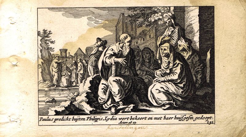 фото Гравюра Питер Схют Новый Завет. Крещение Павлом Лидии. Резцовая офорт. Нидерланды, Амстердам, 1659 год