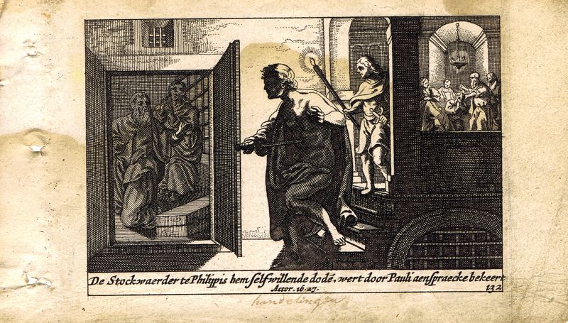 фото Гравюра Питер Схют Новый Завет. Апостолы Павел и Сила в тюрьме. Резцовая офорт. Нидерланды, Амстердам, 1659 год