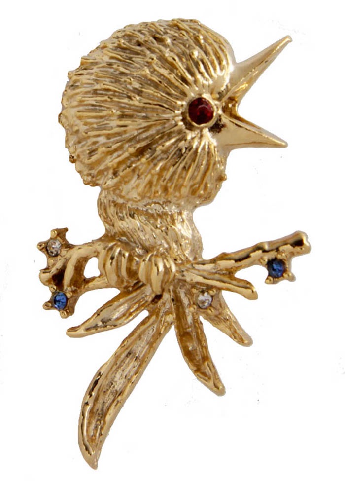фото Брошь бижутерная Антик Хобби "Золотая птица", Бижутерный сплав, Кристаллы, золотой, красный, голубой Antik hobby