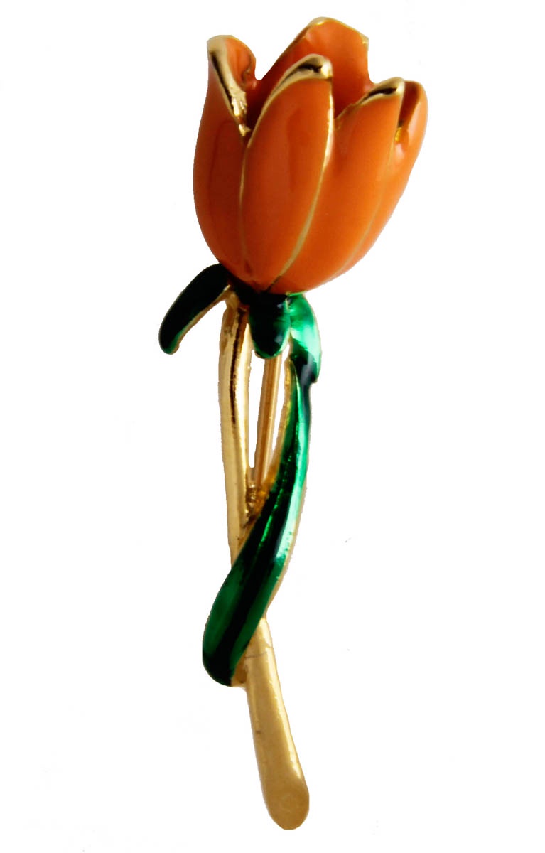 фото Брошь бижутерная Антик Хобби "Нежный тюльпан"., Бижутерный сплав, Эмаль, Эмаль, золотой, оранжевый, зеленый Antik hobby