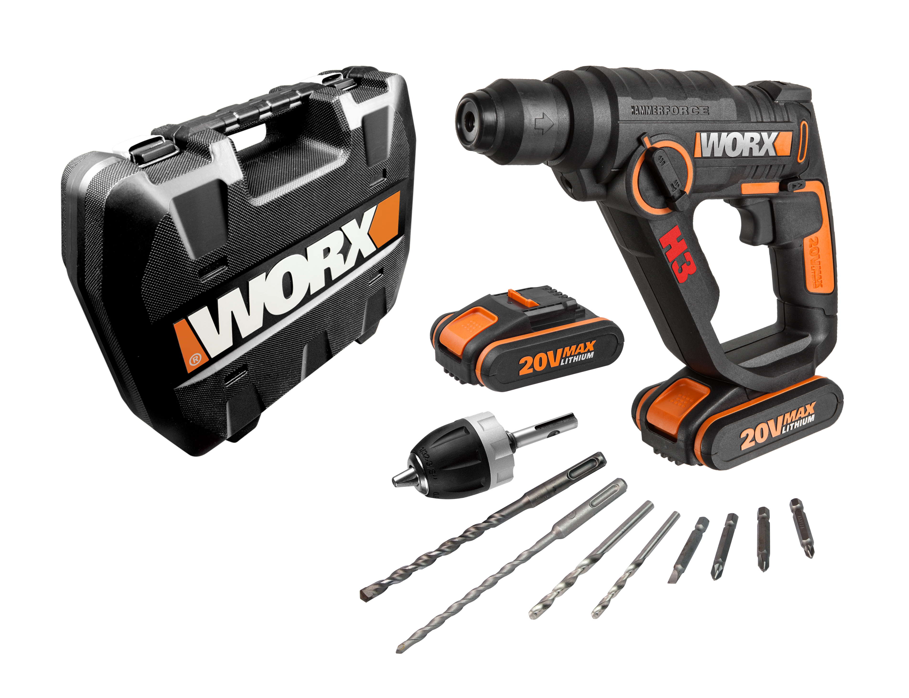 фото Перфоратор аккумуляторный WORX WX390.1, 20В, 2 Ач x2, кейс