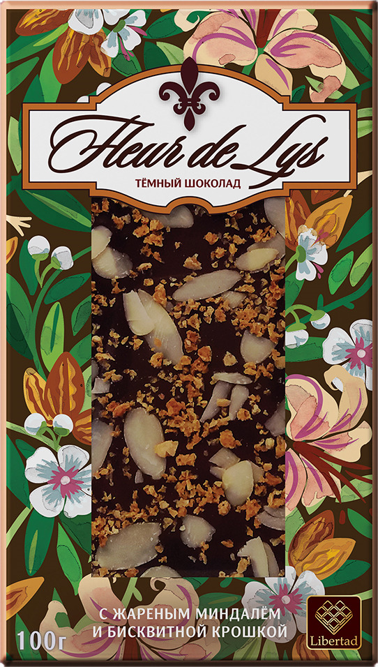 Шоколад Libertad Флер-Де-Лис темный с лепестками миндаля и бисквитной крошкой, 100 г