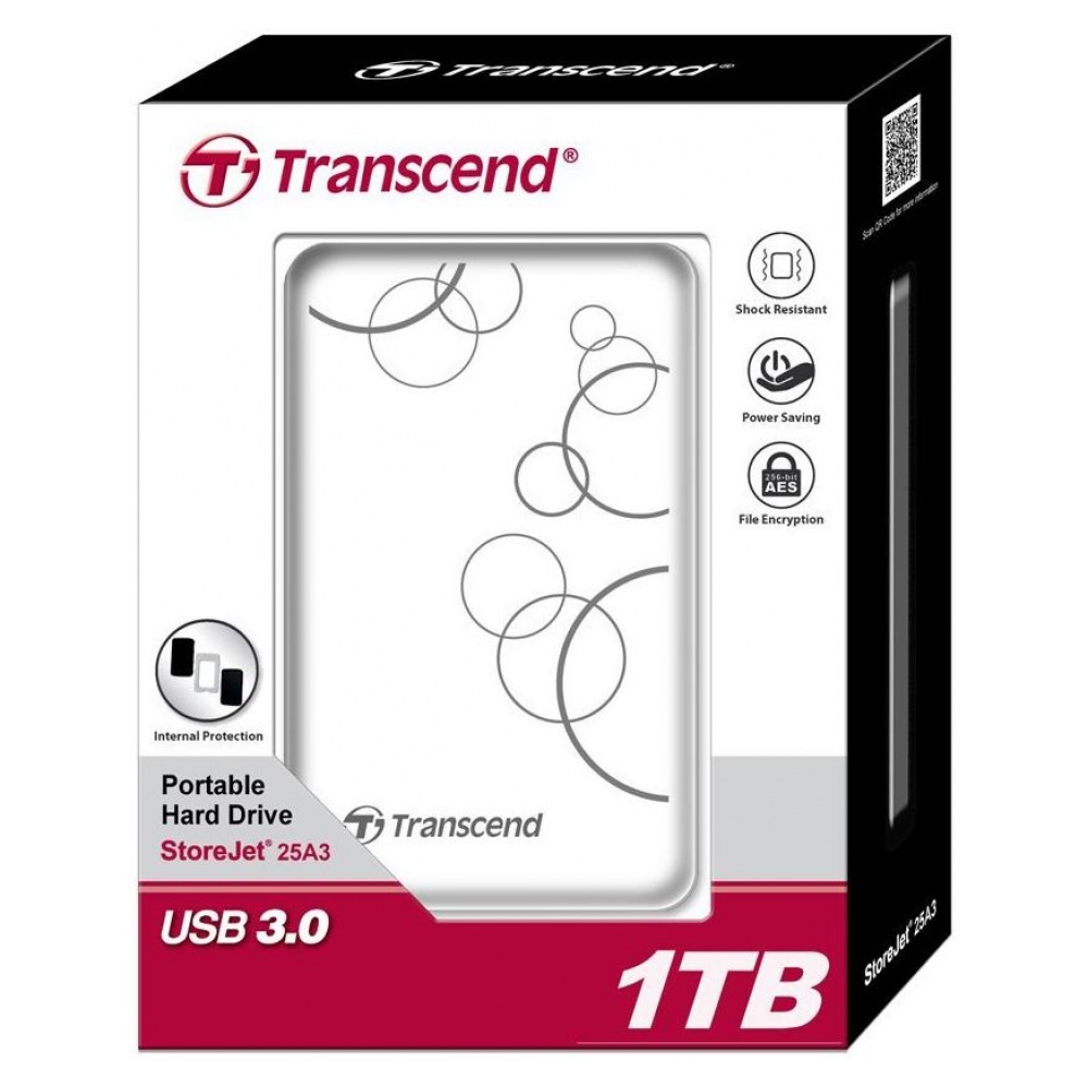 фото Портативный внешний жесткий диск Transcend HDD 1 TB A3 Anti-Shock , 2.5", USB 3.0, белый