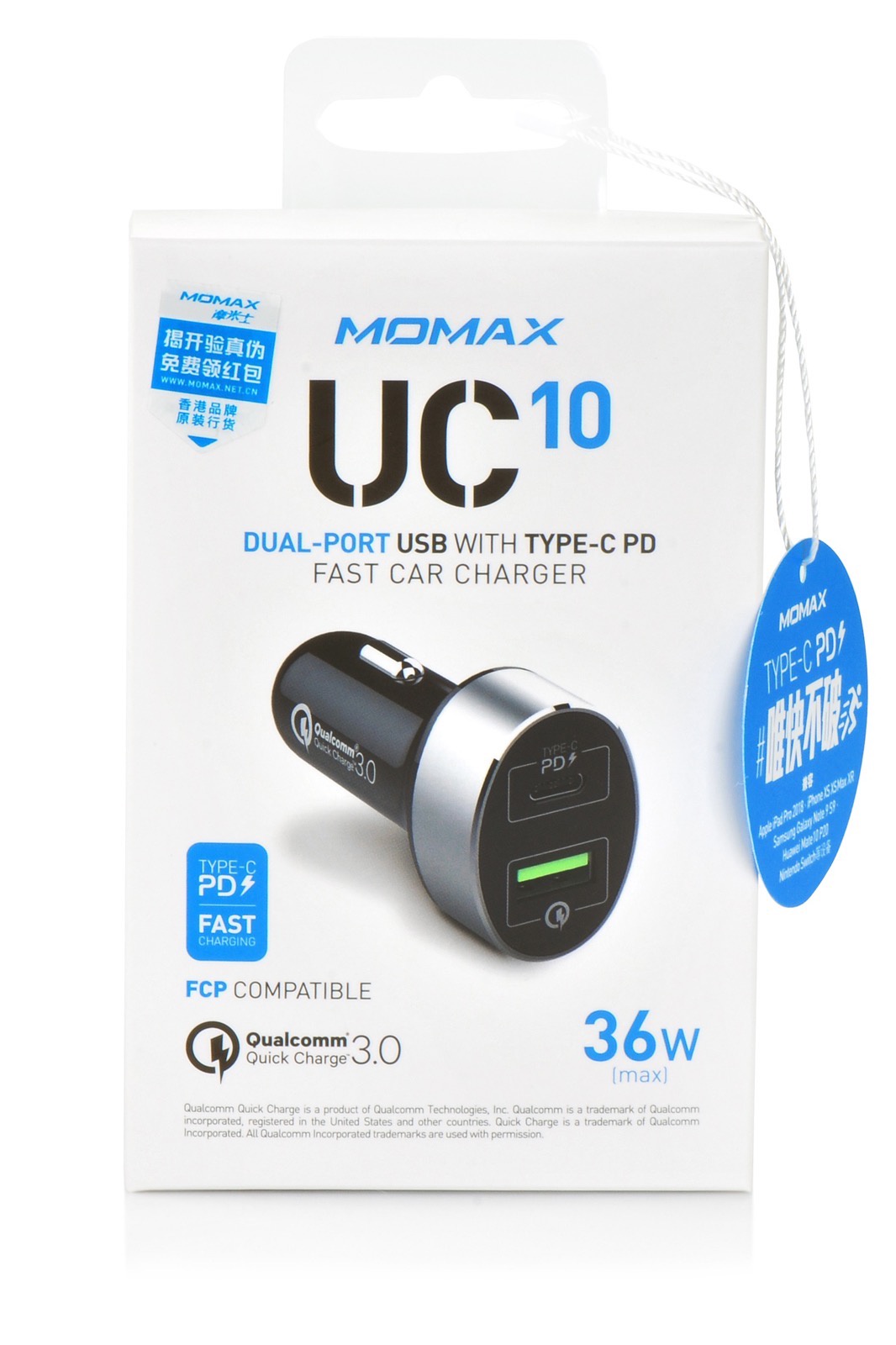 фото Авто зарядка Momax UC10 QC 3.0 fast + PD Type-C fast charge,907984,черный