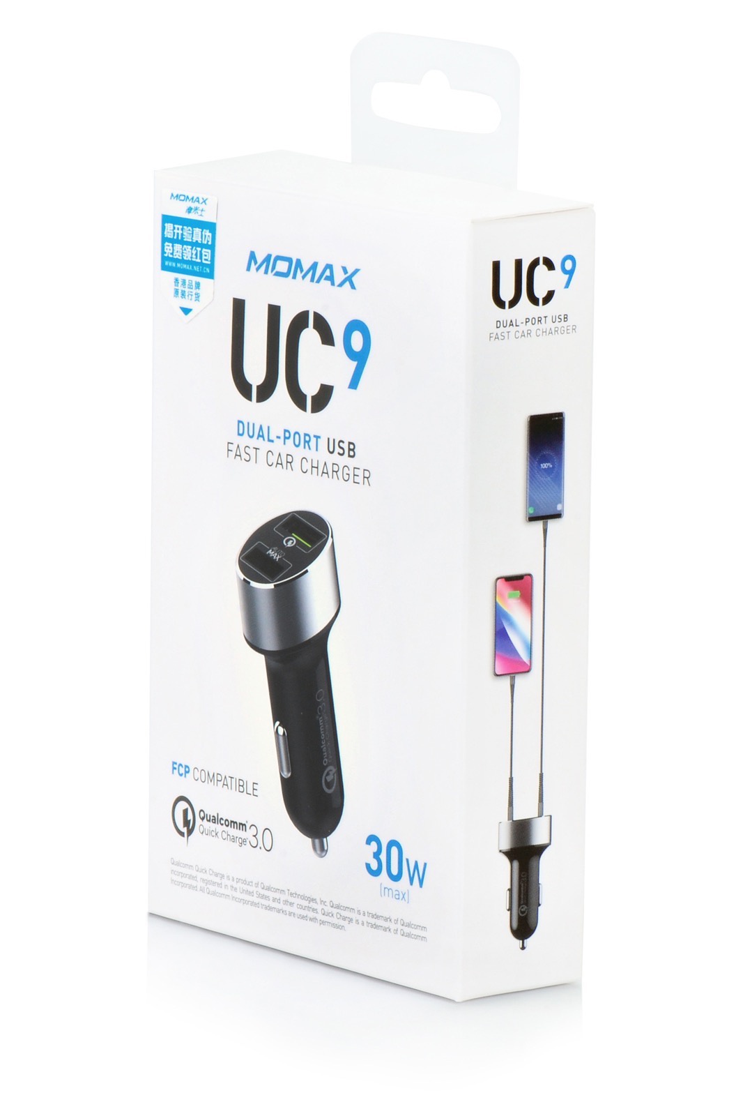 фото Автомобильное зарядное устройство Momax UC9 QC 3.0 fast charge 2 USB 30W,906770,черный