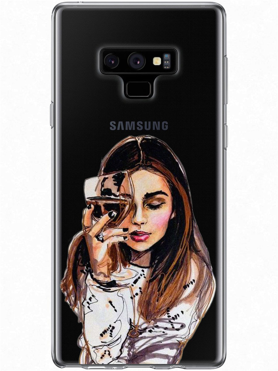 фото Чехол для сотового телефона With Love. Moscow Art Design "Девушка с вином" для Samsung Galaxy Note 9, прозрачный, разноцветный