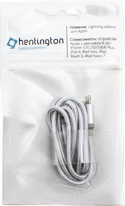 фото Кабель Hentington Lightning HL-1210, 1,0 м., разъём 8-pin, для Apple, нейлоновая оплетка, . Цвет: серебро.