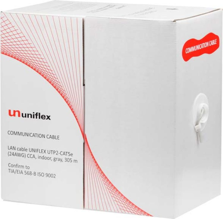 фото Кабель для компьютерных сетей Uniflex UTP4-CAT5e (24 AWG) CCA, внутренний, серый, 305 м