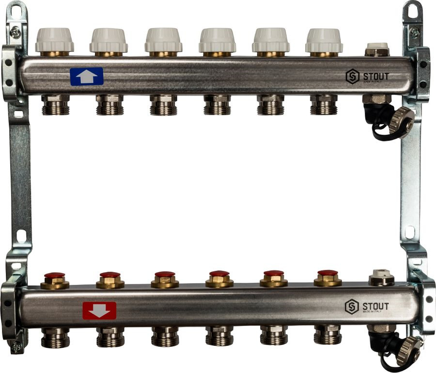 фото Коллектор Stout, без расходомеров, с клапаном выпуска воздуха и сливом, SMS-0932-000007, серый, 7 выходов
