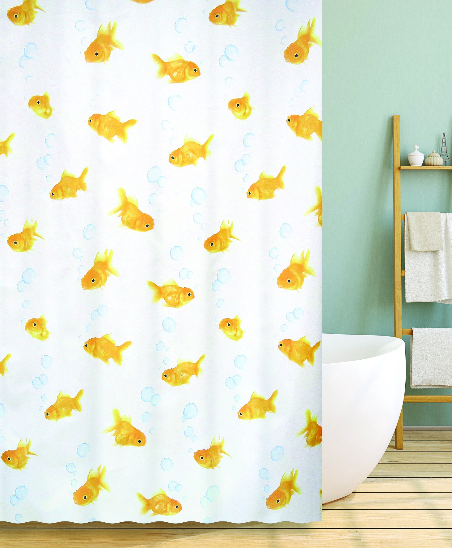 фото Штора для ванной BATH PLUS Gold Fish, белый, голубой, желтый