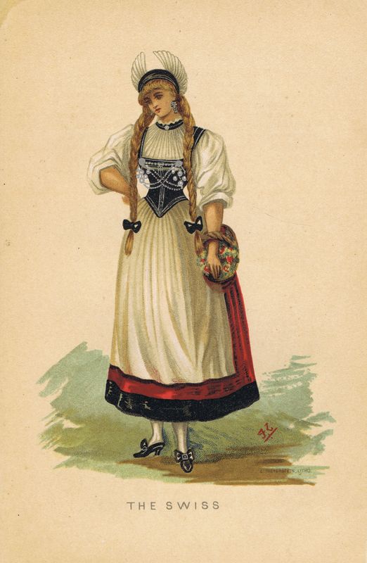 Гравюра Э. Мейерштайн Маскарадный (карнавальный) костюм Швейцарка. Хромолитография. Англия, Лондон, 1884 год