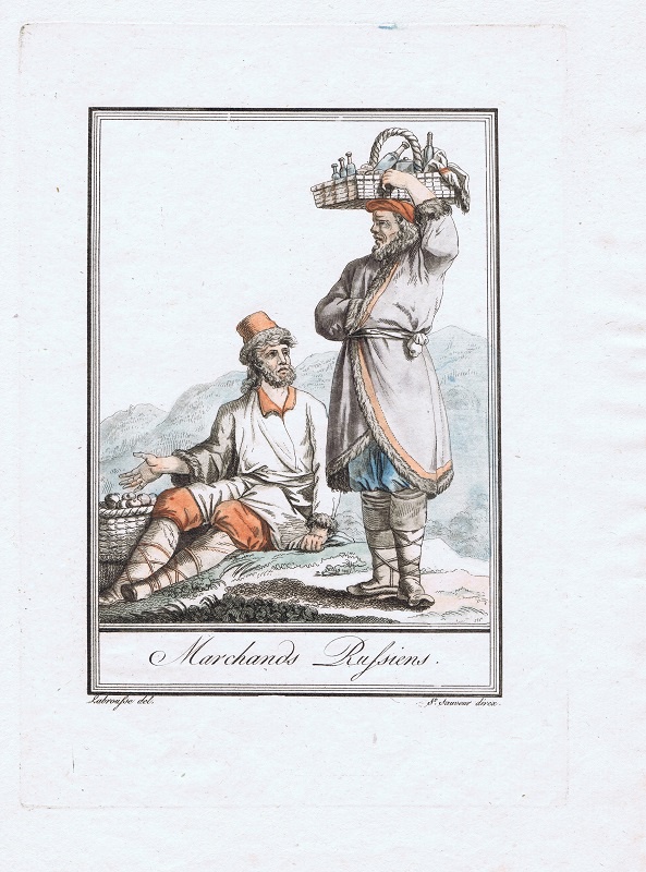 Гравюра Жак де Сен-Совер Русские торговцы с товаром. Смешанная техника, акварельная раскраска. Франция, Париж, 1806 год