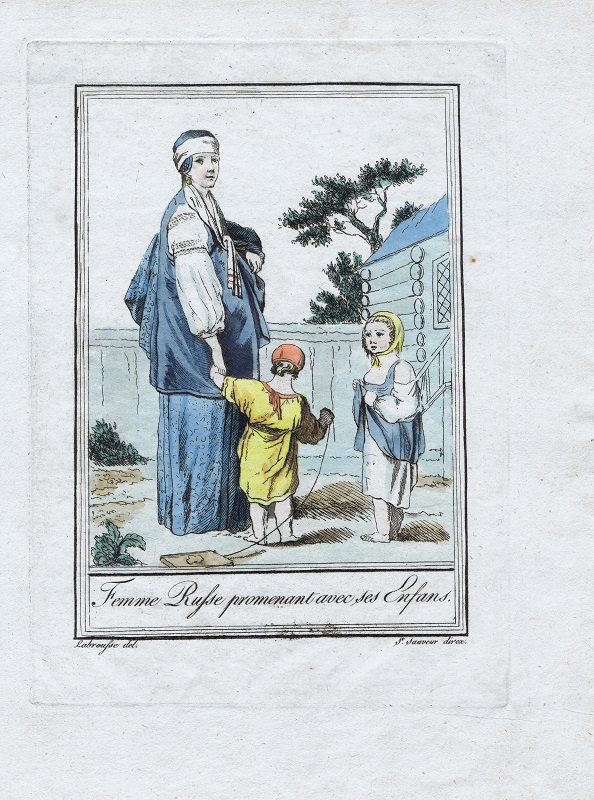 Гравюра Жак де Сен-Совер Русская женщина и ее дети на прогулке. Смешанная техника, акварельная раскраска. Франция, Париж, 1806 год