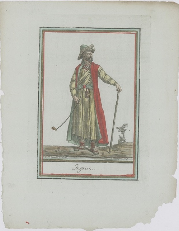 Гравюра Жак де Сен-Совер Ингерманландец, житель Ингрии. Смешанная техника, ручная раскраска. Франция, Париж, 1796 год
