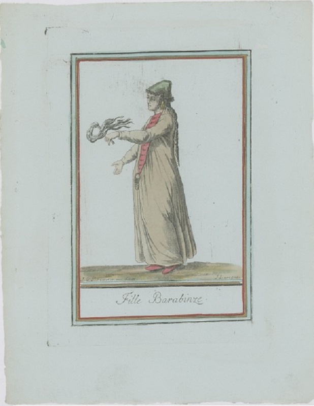Гравюра Жак де Сен-Совер Барабинская татарка (девушка). Смешанная техника, ручная раскраска. Франция, Париж, 1796 год