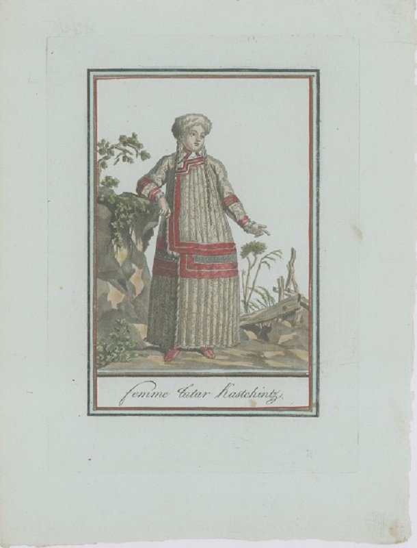 Гравюра Жак де Сен-Совер Качинка (женщина). Смешанная техника, ручная раскраска. Франция, Париж, 1796 год