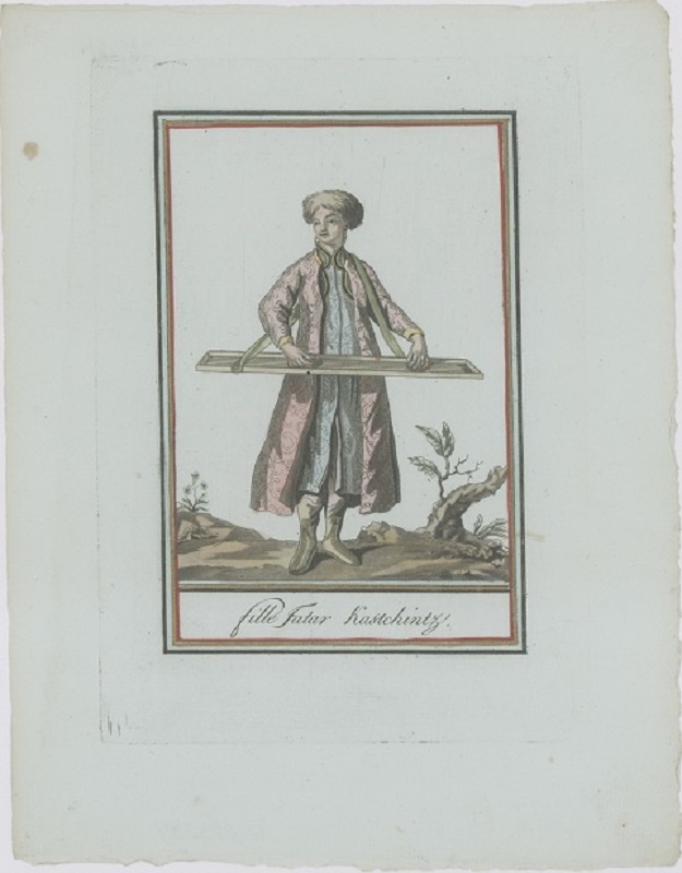 Гравюра Жак де Сен-Совер Качинка (девушка). Смешанная техника, ручная раскраска. Франция, Париж, 1796 год