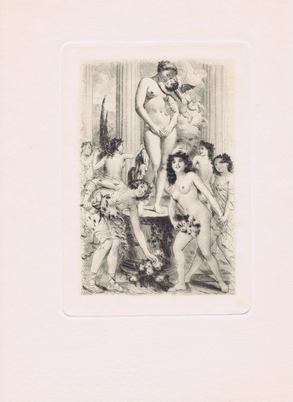 фото Гравюра Поль-Эмиль Бека Обнаженные девушки у статуи. Офорт, сухая игла. Франция, Париж, 1954 год