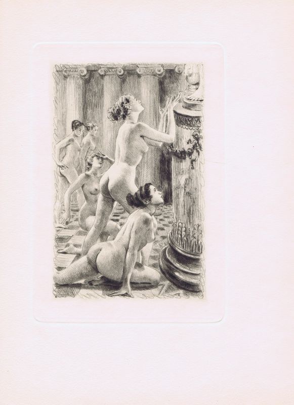 фото Гравюра Поль-Эмиль Бека Молитва обнаженных девушек. Офорт, сухая игла. Франция, Париж, 1954 год
