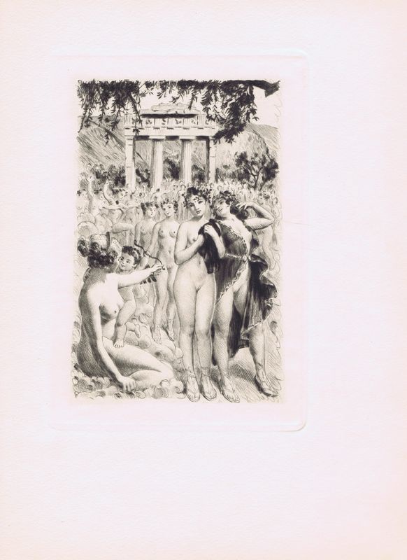 фото Гравюра Поль-Эмиль Бека Процессия обнаженных девушек. Офорт, сухая игла. Франция, Париж, 1954 год