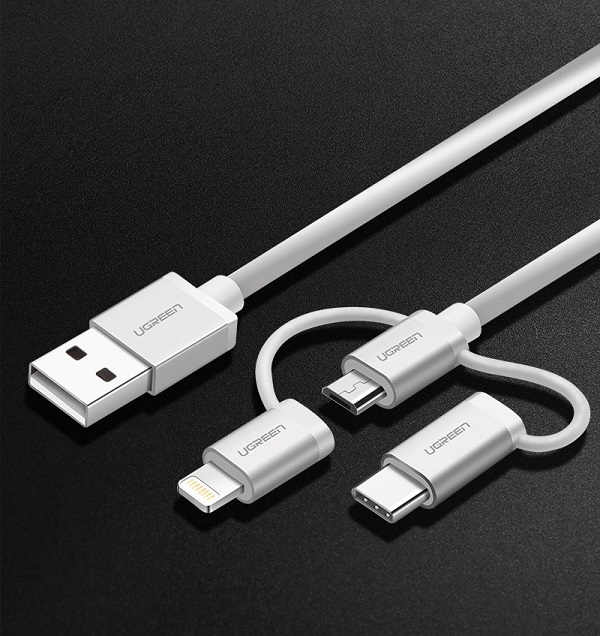 фото Кабель Ugreen 3-in-1 USB Cable with Mfi Certificated Lightining 0.5M (белый)