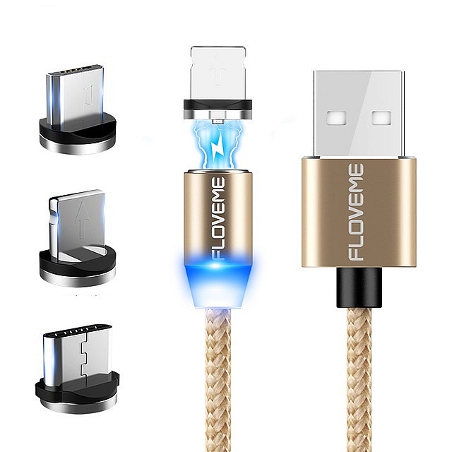 фото Кабель Floveme Магнитный зарядки 3-в-1 (microUSB + type-C + Lightning), золотой