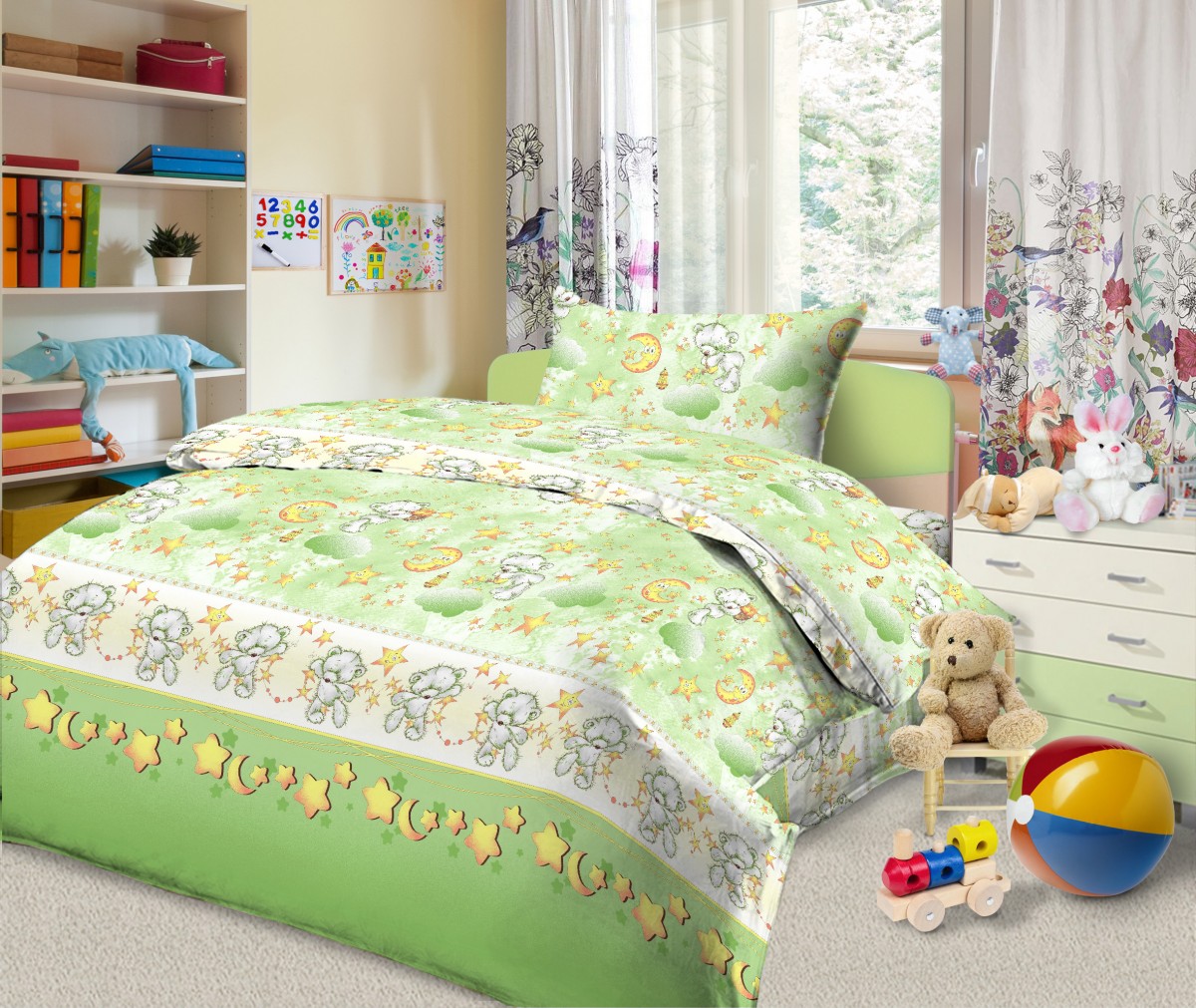фото Комплект белья для новорожденных "Текстильная лавка" "Сонный мишка на зеленом фоне"