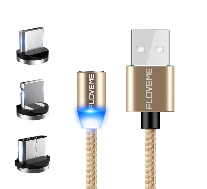 фото Кабель Floveme Магнитный зарядки 3-в-1 (microUSB + type-C + Lightning), золотой