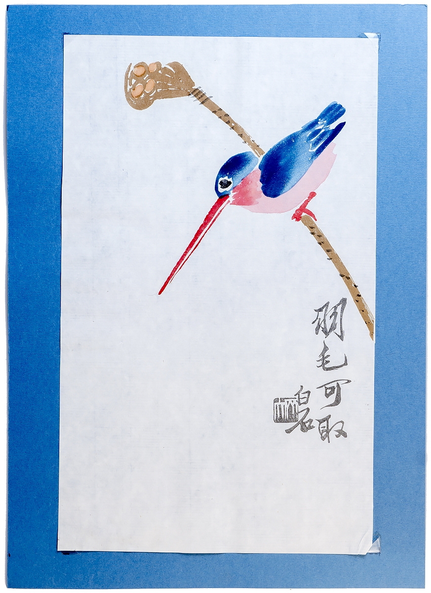 фото Гравюра Ци Бай Ши. Птица на ветке. Ксилография акварель. Китай середина XX века