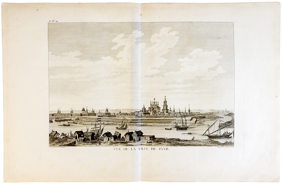 Гравюра Вид города Твери. Офорт. Франция 1790 год