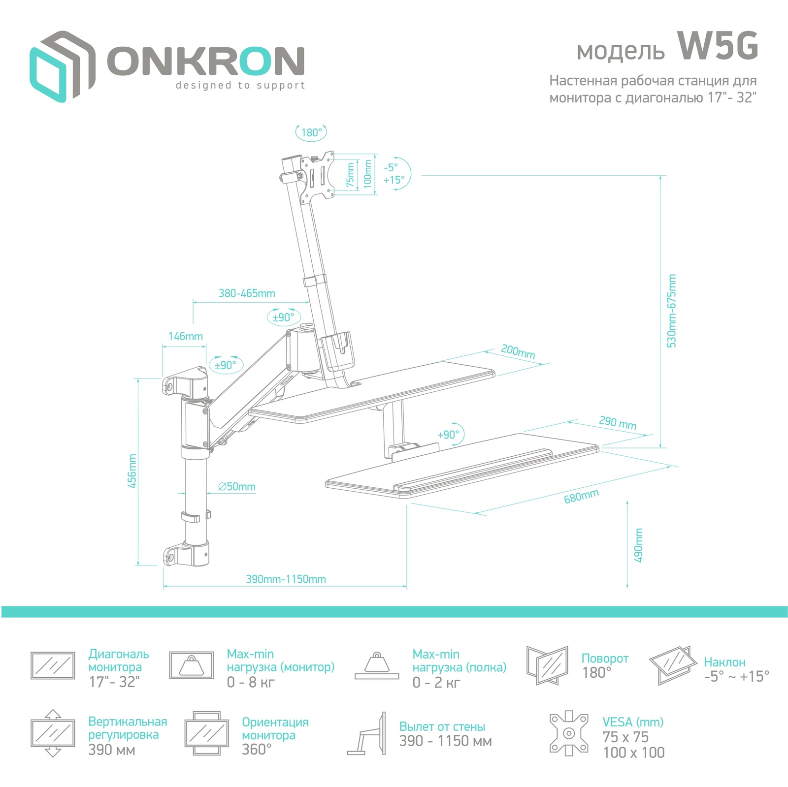 фото ONKRON настенная рабочая станция для монитора 17"-32", чёрная W5G