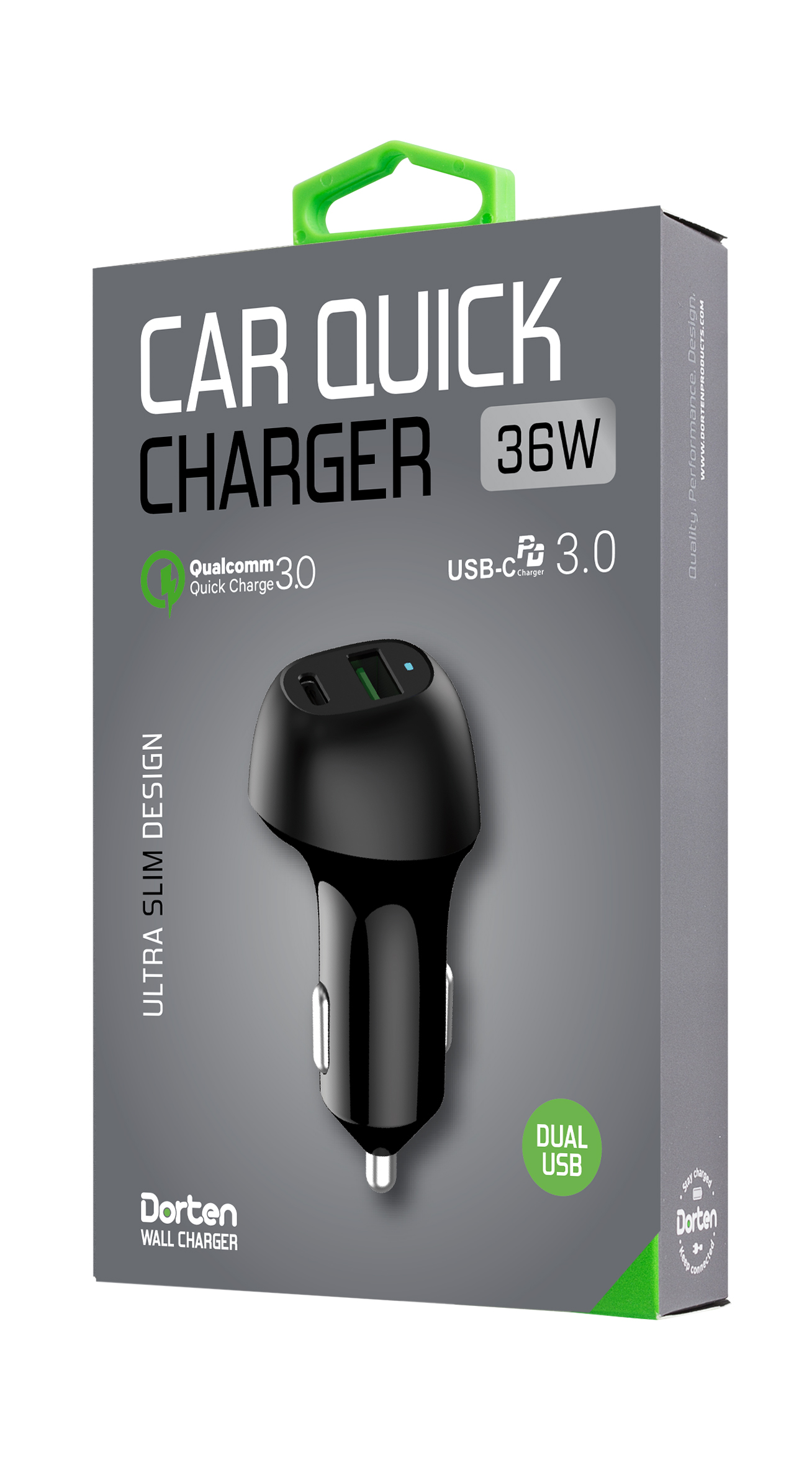 фото Автомобильное зарядное устройствоDorten Dual USB 36W Car Quick Charger QC 3.0 + PD3.0 - Black/Черный