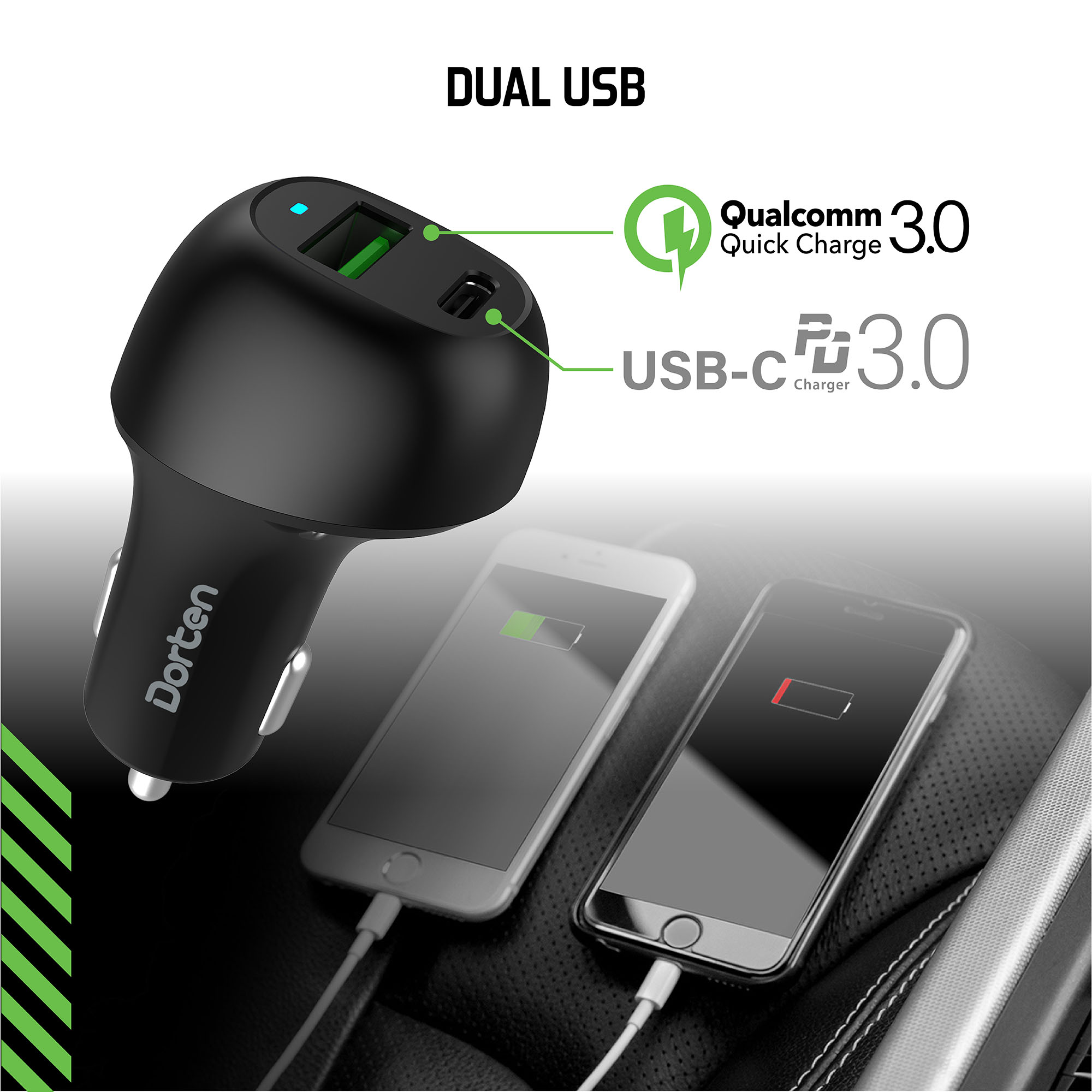 фото Автомобильное зарядное устройствоDorten Dual USB 36W Car Quick Charger QC 3.0 + PD3.0 - Black/Черный