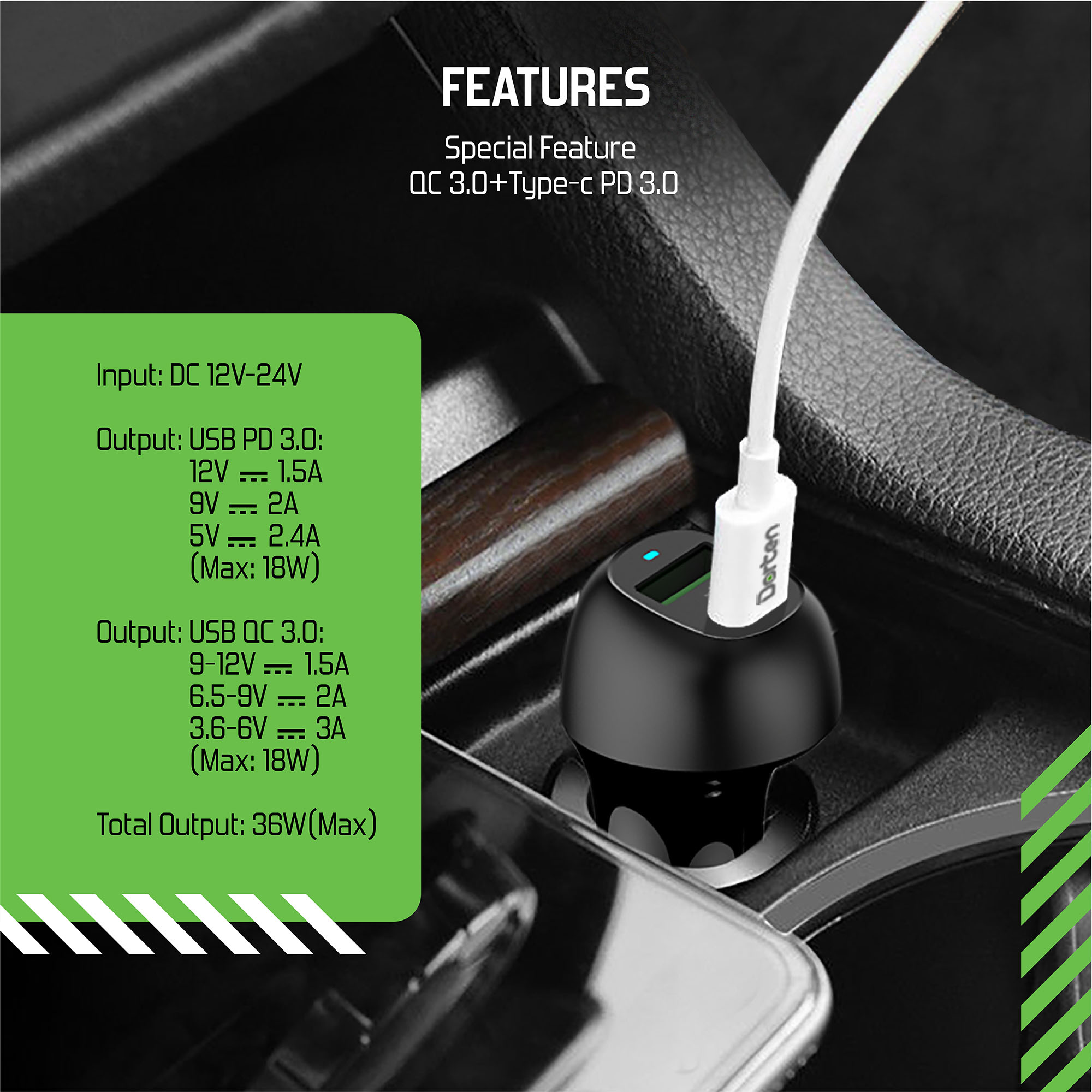 фото Автомобильное зарядное устройствоDorten Dual USB 36W Car Quick Charger QC 3.0 + PD3.0 - Black/Черный