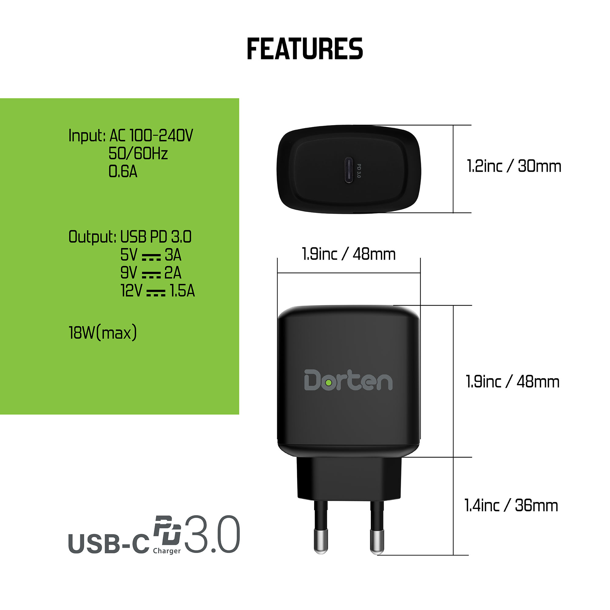 фото Зарядное устройство DORTEN Quick Charger USB-C PD3.0 18W, черный