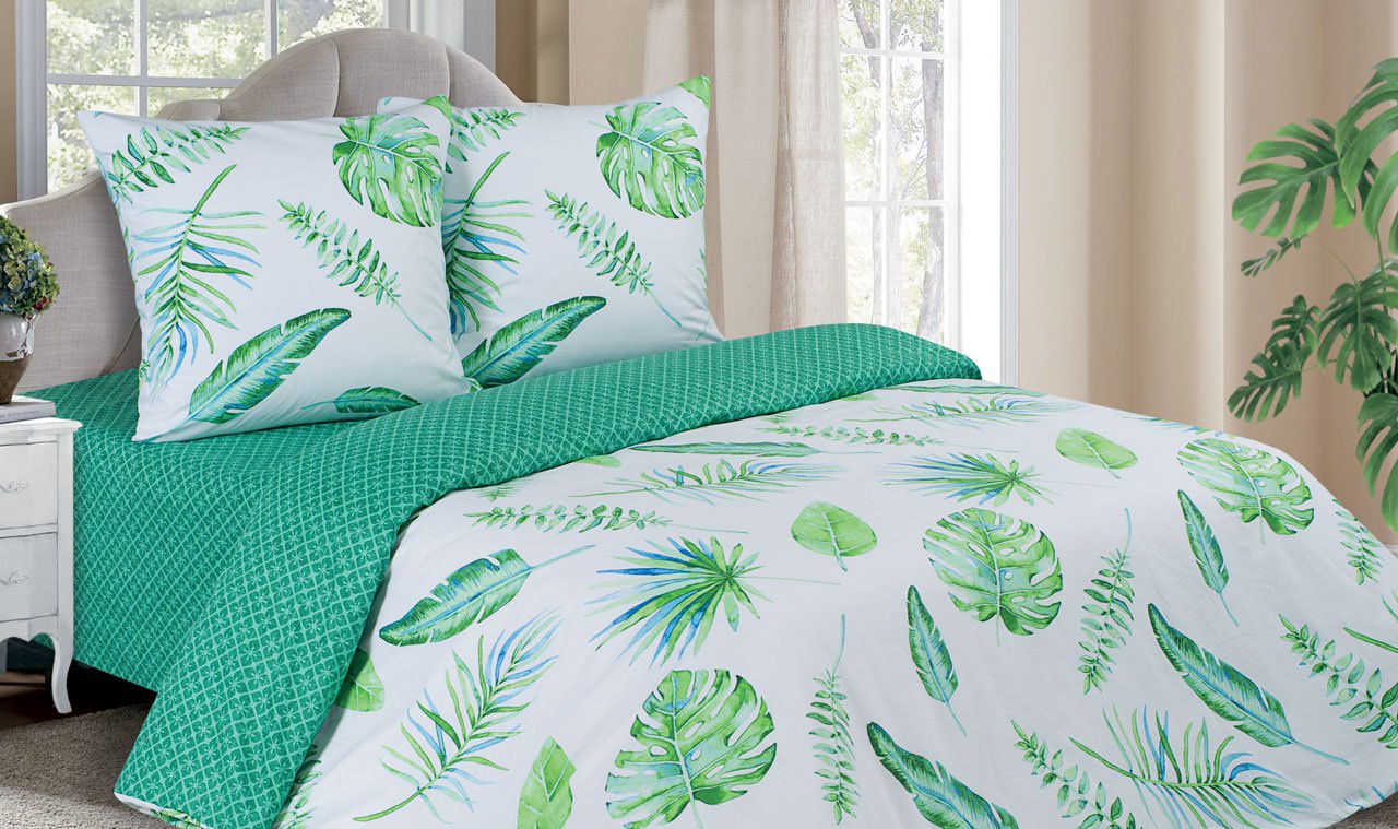 фото Комплект постельного белья Ecotex Тропики, белый, зеленый