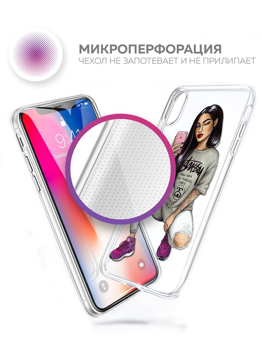 фото Чехол для сотового телефона With love. Moscow Art Design "Девушка селфи" для Apple iPhone X / Apple iPhone XS, прозрачный, разноцветный