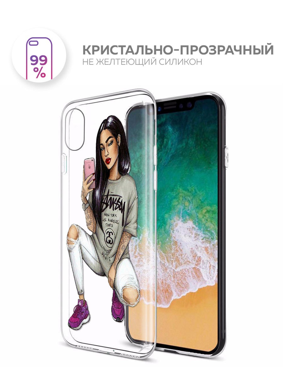 фото Чехол для сотового телефона With love. Moscow Art Design "Девушка селфи" для Apple iPhone X / Apple iPhone XS, прозрачный, разноцветный