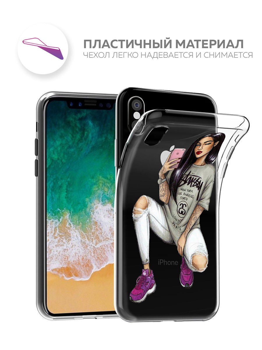 фото Чехол для сотового телефона With love. Moscow Art Design "Девушка селфи" для Apple iPhone X / Apple iPhone XS, прозрачный, разноцветный