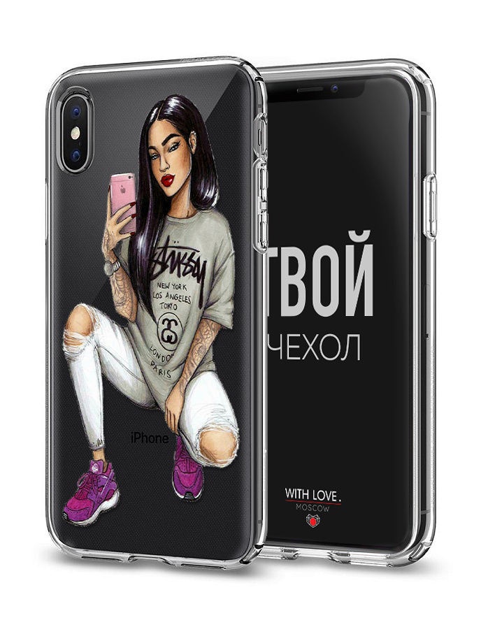 фото Чехол для сотового телефона With love. Moscow Art Design "Девушка селфи" для Apple iPhone X / Apple iPhone XS, прозрачный, разноцветный