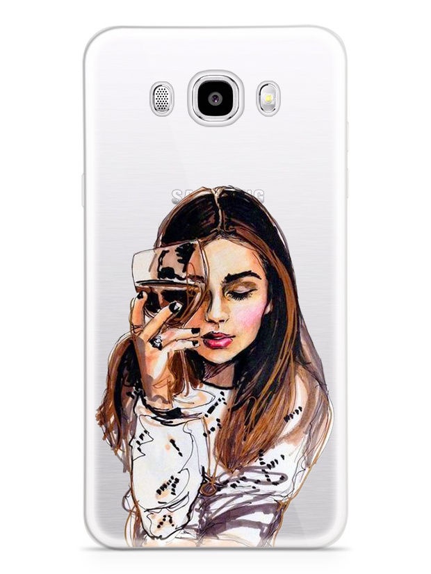 фото Чехол для сотового телефона With love. Moscow Art Design "Девушка с вином" для Samsung Galaxy J7 (2016), прозрачный, разноцветный