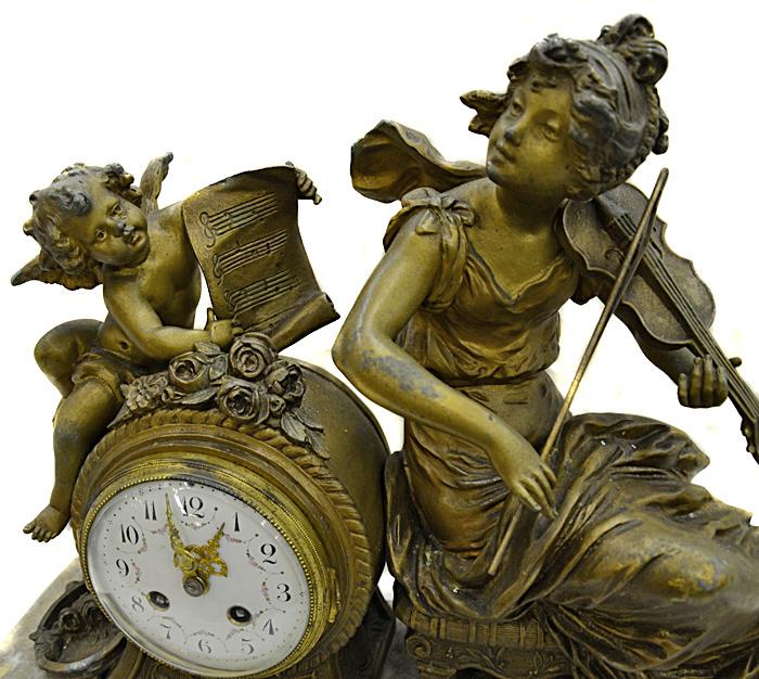 фото Часы каминные "Юная скрипачка". Мрамор, шпиатр, латунь, механический завод. Франция, конец XIX века Антик хобби