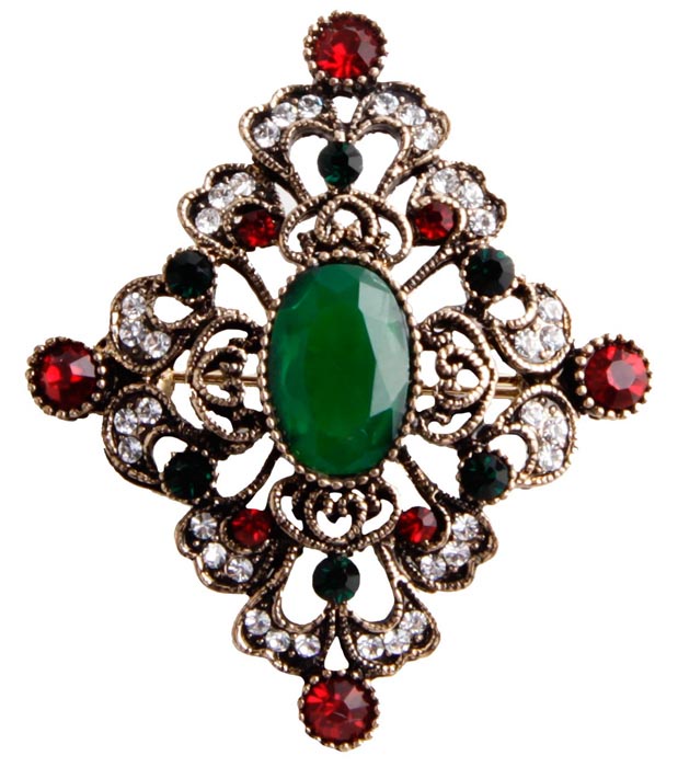 фото Брошь бижутерная Антик Хобби ОС26600, Металл, Австрийские кристаллы, золотой, зеленый, бордовый