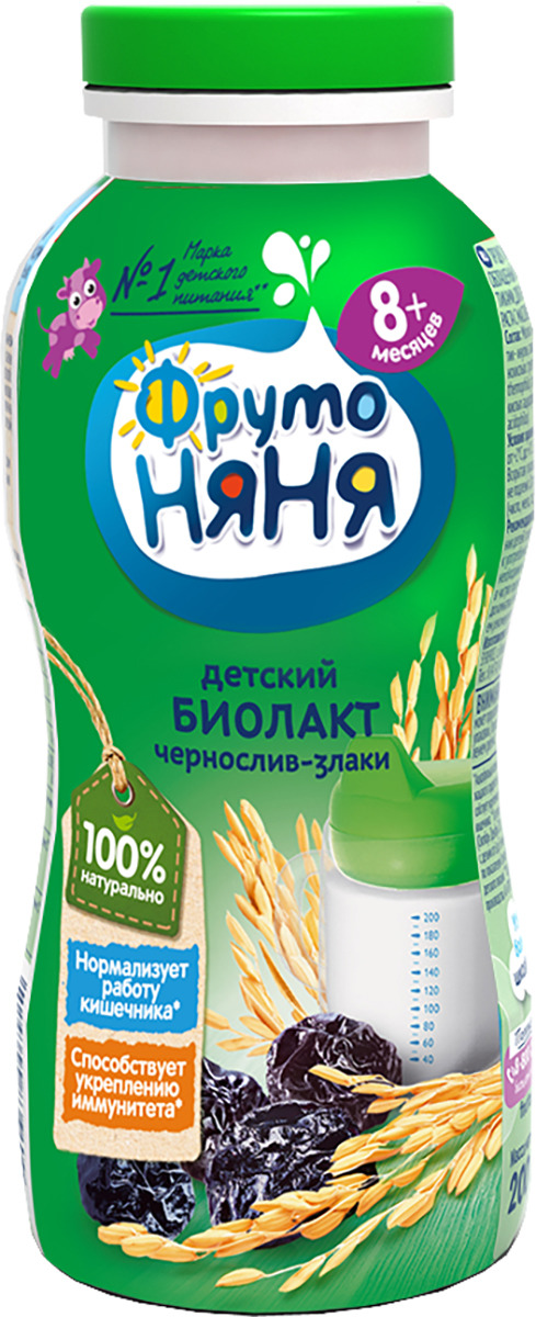 фото Продукт кисломолочный ФрутоНяня Биолакт, с черносливом и злаками, обогащенный пробиотиками и пребиотиками, 2,9%, 12 шт по 200 г