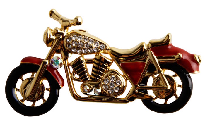 фото Брошь бижутерная Антик Хобби "Мотоцикл", Бижутерный сплав, Эмаль, Австрийские кристаллы, золотой, черный, красный, прозрачный