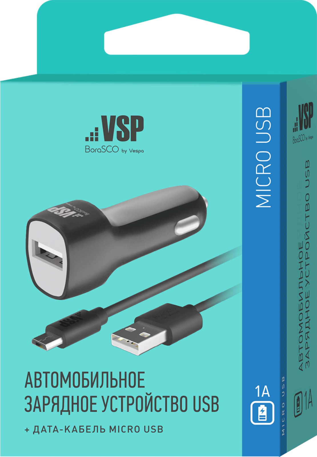 фото Автомобильное зарядное устройство Borasco by Vespa, 1 USB, 1 A + дата-кабель micro USB, 1 м, 22031, черный
