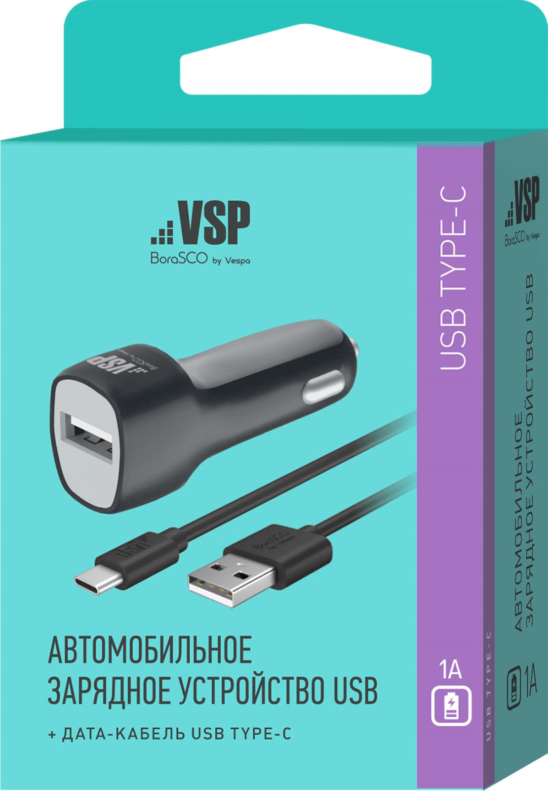 фото Автомобильное зарядное устройство Borasco by Vespa, 1 USB, 1 A + Дата-кабель Type-C, 1 м, 22033, черный