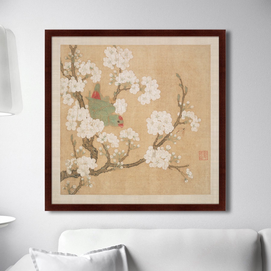 фото Картина Картины В Квартиру Попугай в ветвях персикового дерева, литография 10 век, Бумага