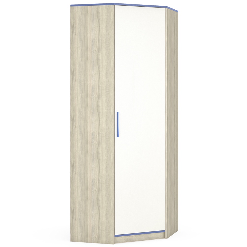 фото Гольф Шкаф угловой 610, цвет вяз либерти светлый/белый матовый/голубой металл, ШхГхВ 77х77х205 см., универсальная дверь Моби