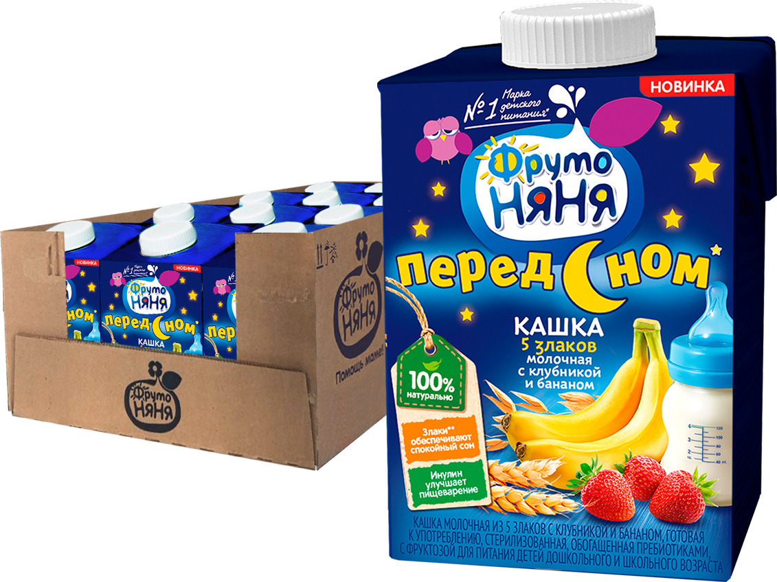 Каша ФрутоНяня молочная, из 5 злаков с клубникой и бананом, 12 шт по ...